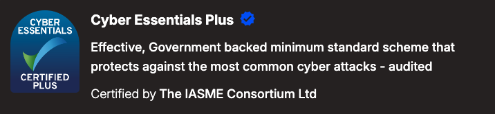 Part of a certificate confirming that Brush Up Accounting has achieved the Cyber Essentials Plus accreditation, an effective government backed minimum standard scheme that protects against the most common cyber attacks.